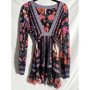 Free People Floral Tie-Waist Tunic Top Mini SZ 6 Boho Cottagecore